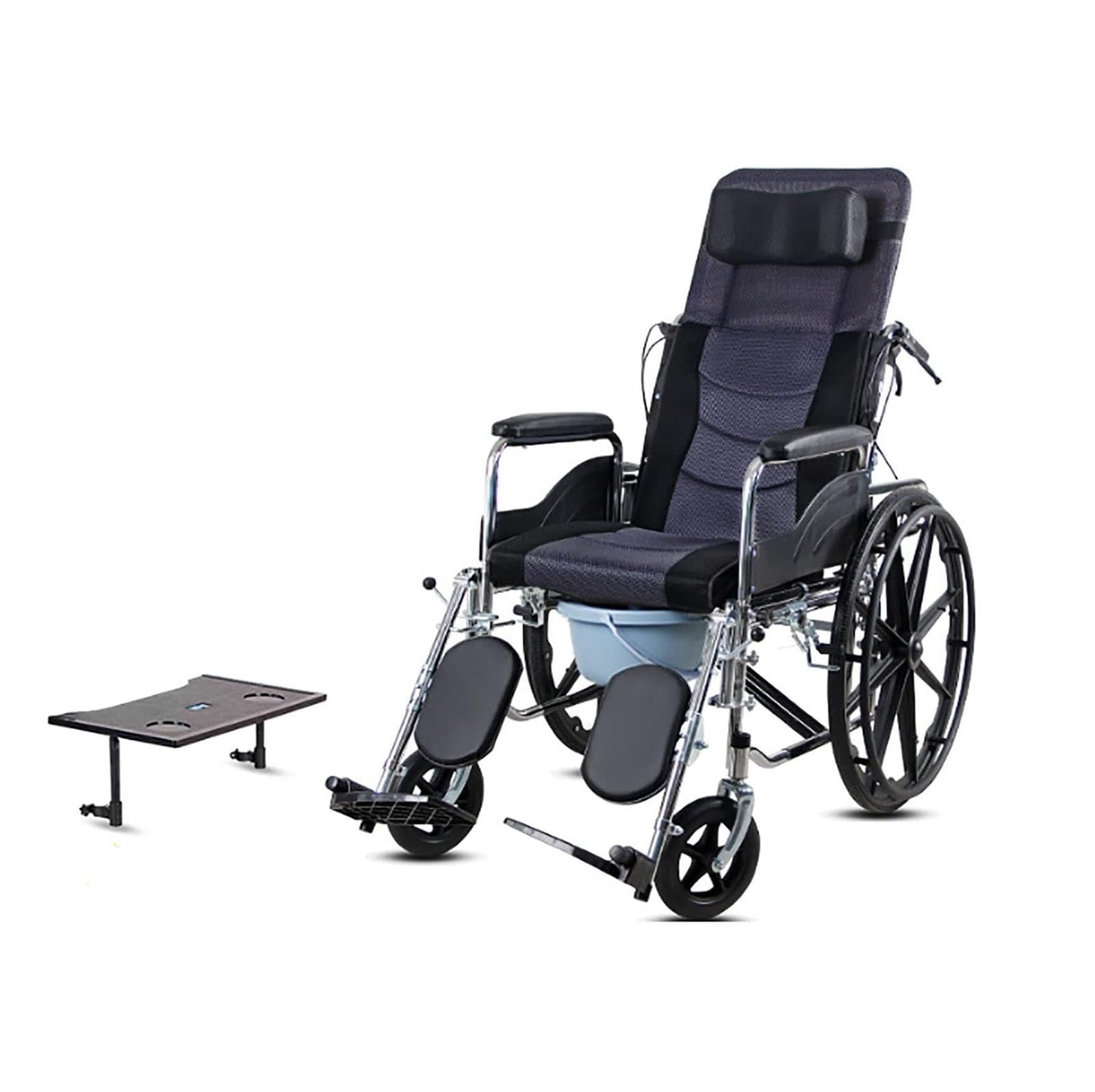 Silla de ruedas de aluminio ligera, silla de ruedas reclinable multifuncional con mesa de comedor, soporte de respaldo alto, soporta hasta 300 libras