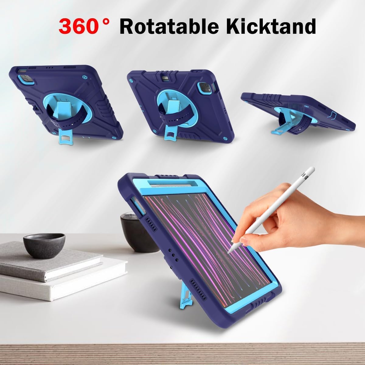 Tablet PC Bags Cases Sleeves Kids Tablet Case Compatible with iPad Pro 11 Inch 2021/2020/2018,iPad Air 5/Air 4 10.9''2022/2020,360° Adjustable Swivel Hand Strap+Stand+Shoulder Strap Hybrid Shockproof