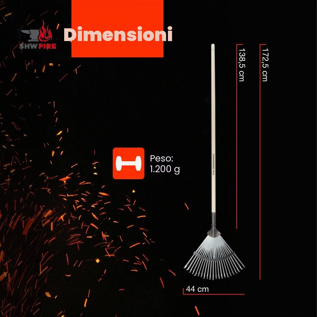 SHW-FIRE 59068 rastrello per foglie professionale, zincata, larghezza regolabile, 22 denti, con manico in legno di frassino, lunghezza di 135 cm, colore argento