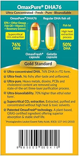 Miniatura 4 de LABO Nutrition OmaxPure DHA76 Omega 3 Aceite de pescado ultraconcentrado 76% 950mg DHA, EPA, 60 unidades, grado farmacéutico, CO2 supercrítico