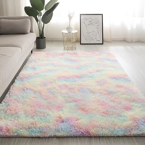 LZWCOWMOO Tie Dye Shaggy Rug, Bohemian Plush Area Rug for