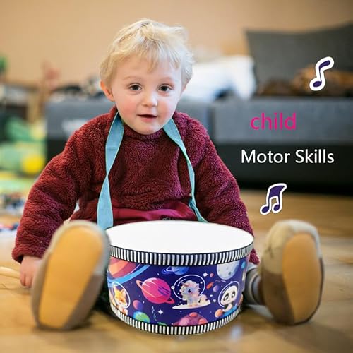 Kid Drum Set,8 Inch Wooden Drum Toys,Sensory Educational Musical Instrument Toy with Adjustable Strap,2 Drumsticks for Toddler,Baby Girls Boys, Astronauts Animals Dinosaurs - Thumbnail 3