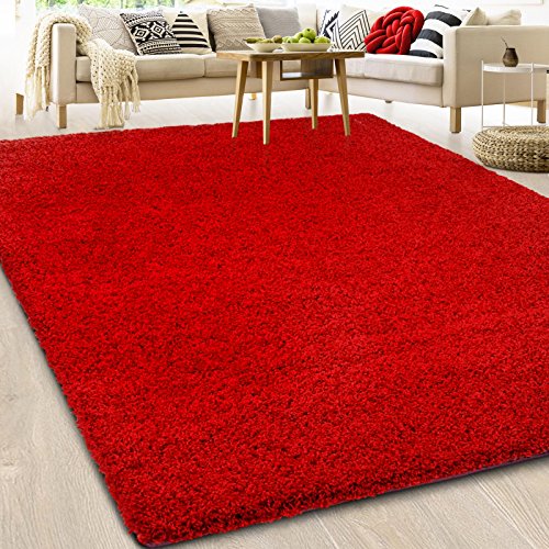 Casa Pura Barcelona - Alfombra, pelo largo, suave, grueso, calidad alemana, ideal para dormitorio, salón y pasillo, tamaños y colores diferentes , polipropileno, rojo, 80 x 150 cm
