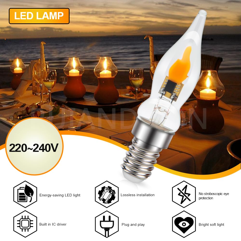 Ruiandsion Lampadine LED E14 Effetto Fiamma Tremolante 0,5W CA18, Bagliore Ambrato Caldo 1800K, 220-240V Non Dimmerabile per Lampadari, Parete, Casa, Feste e Natale (10 PZ)