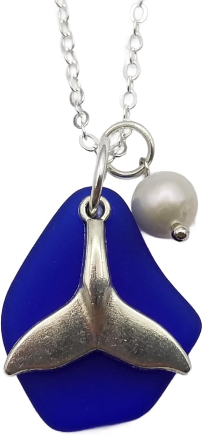 Handmade cobalt sea glass necklace, whale tail charm, "September Birthstone ", Natural pearl, (Hawaii Gift Wrapped, Customizable Gift Message)
