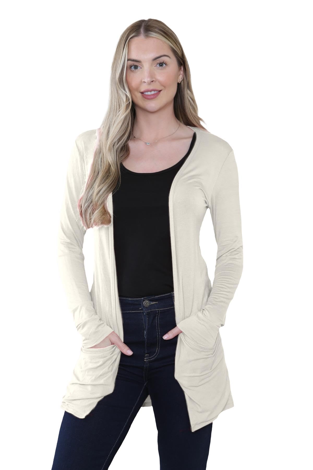 Janisramone Women's Cream Janisramone® Cardigans Stylish And Versatile Open Front Boyfriend Cardigans For Uk, Perfect Long Sleeve Cardigan With Drop Pockets For Layering Over Summer Dresses