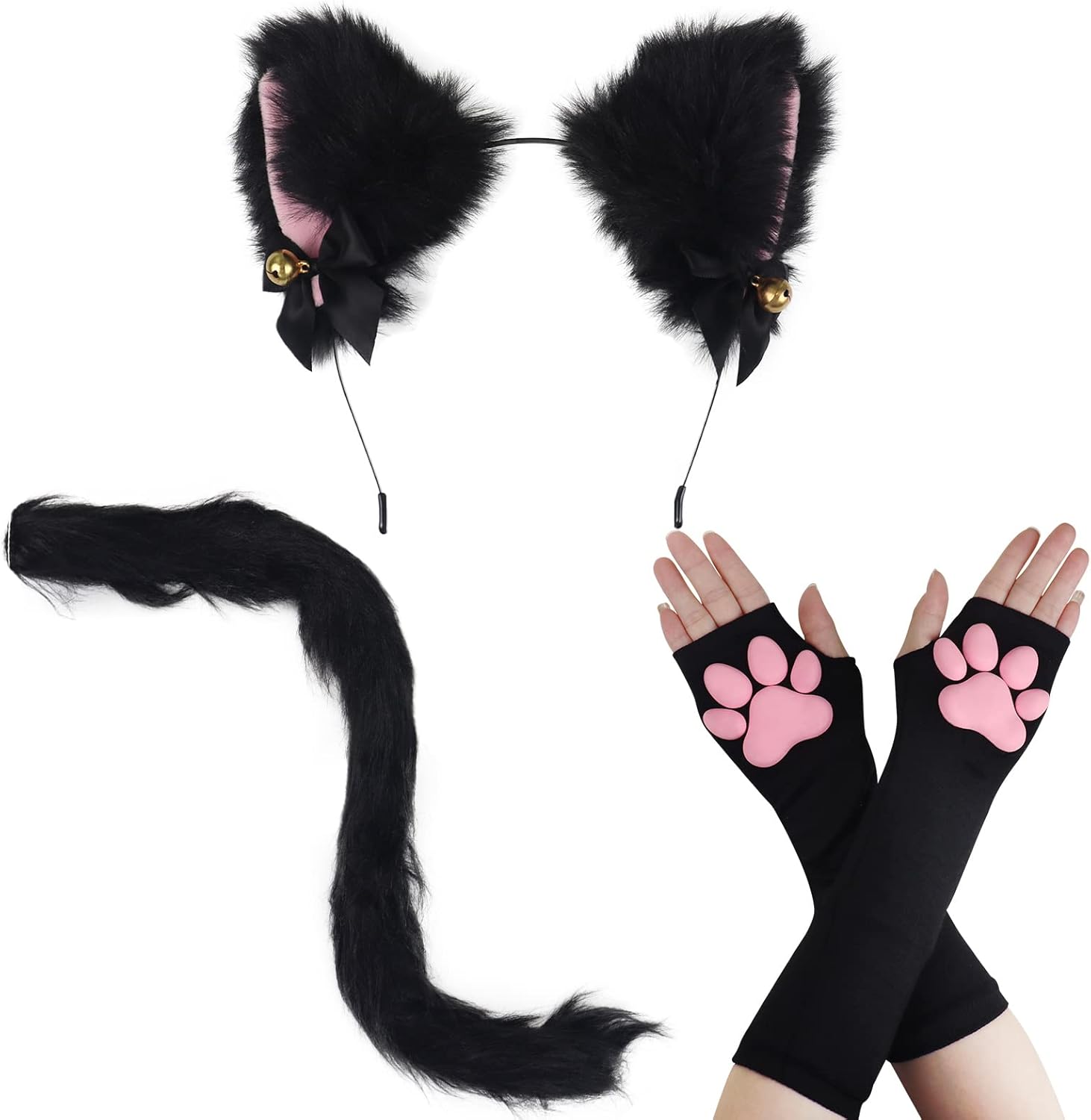 Cat Ears and Tail Set, Anime Cat Ears Headband and Furry Tail,Halloween Cat Paws