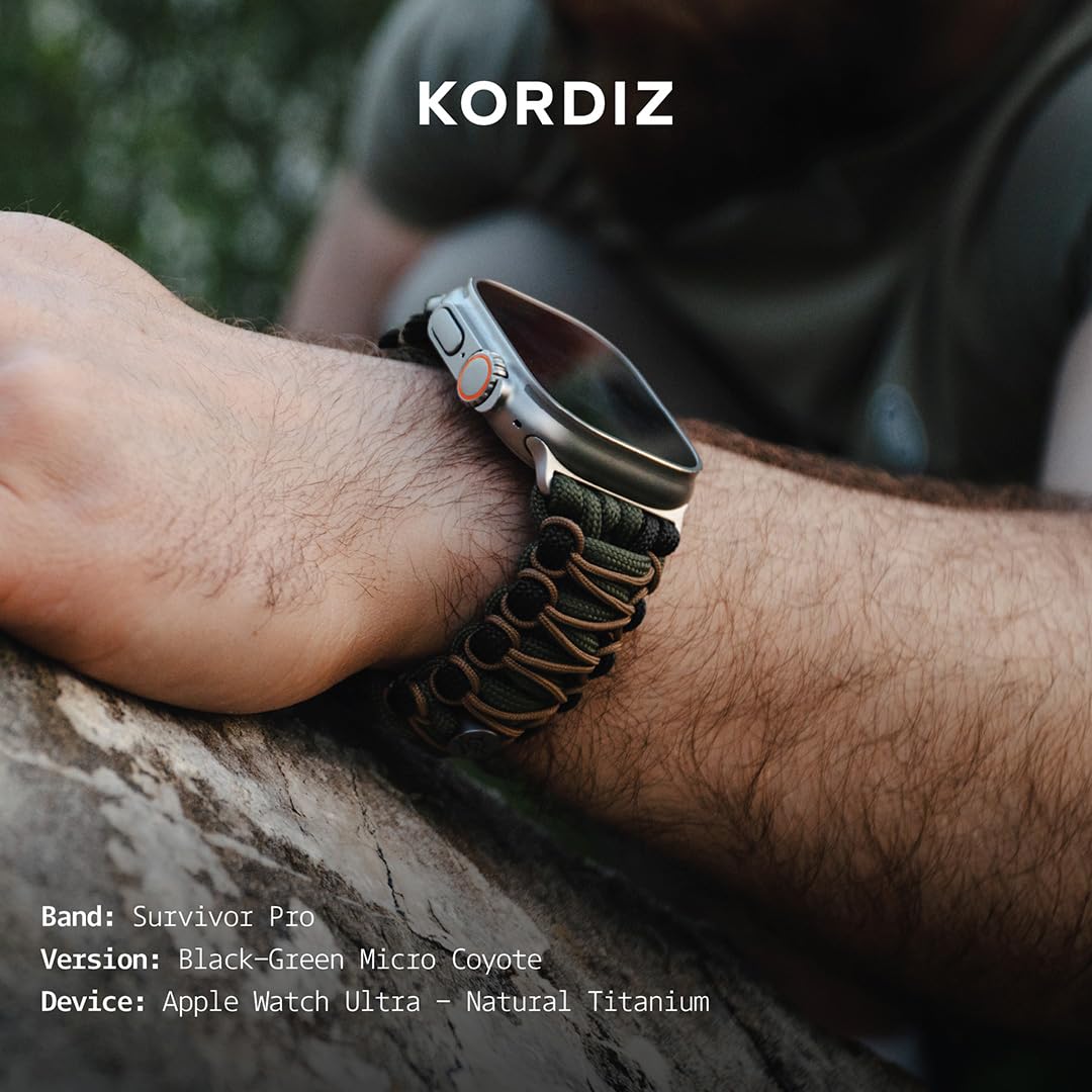 KORDIZ Survivor Pro pasek spadochronowy do Apple Watch Series Ultra i 9/8/7/6/5/4/3/2/1/SE, 49 mm, 45 mm, 44 mm, 42 mm, z regulowanym paskiem ze stali nierdzewnej