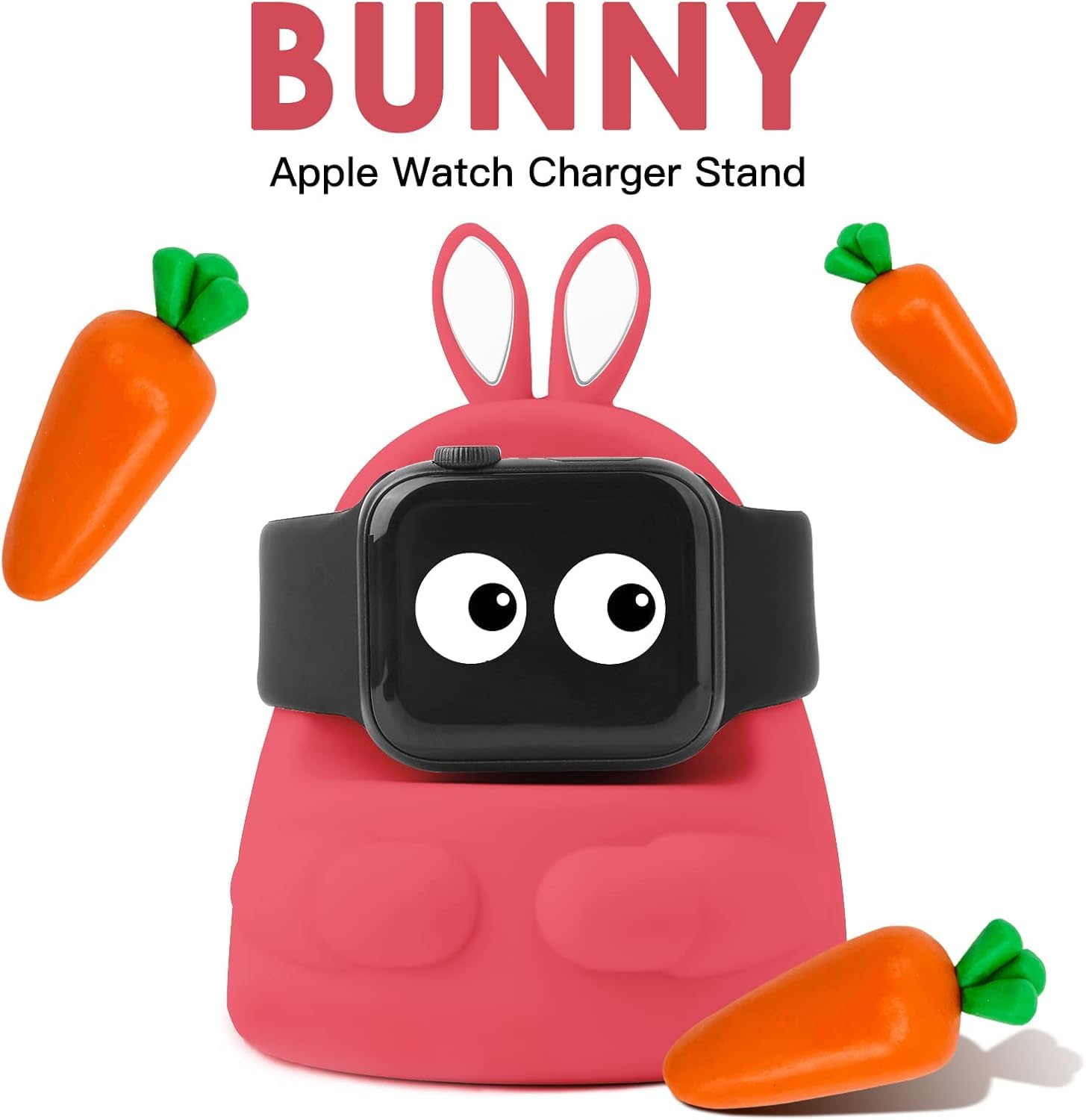 Nakucholy Cute Bunny Watch Charger Stand - Designed with Apple Watch Series 8/7/6/SE/5/4/3/2/1, Cable Management, Simple Use, Nightstand Mode Support, Ideal Gift (Red)