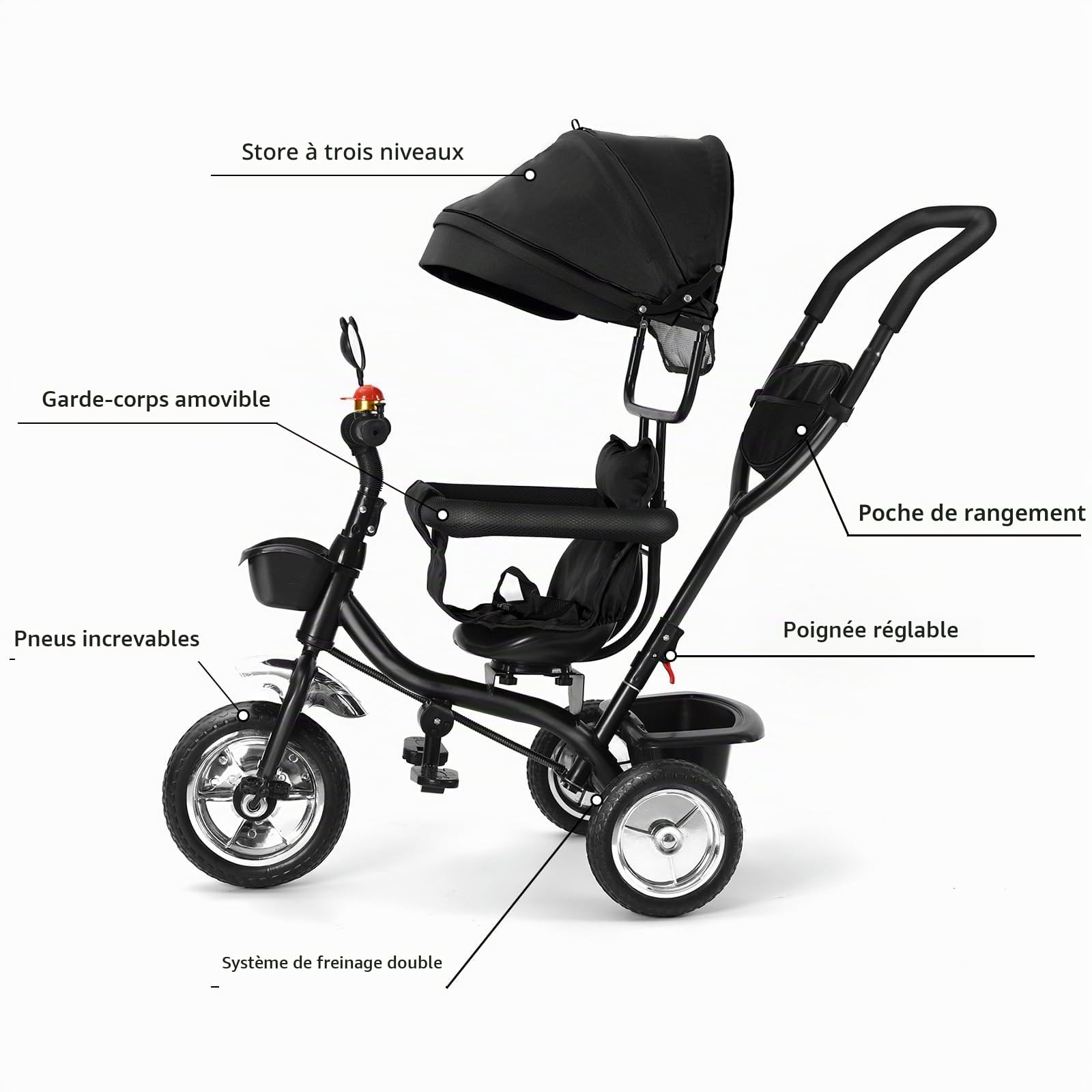 Tricycle Évolutif Bébé 4 en 1 – Poussette Canne Compacte et Multifonction, Position Allongée, Guidon Réglable, Pliable, Roues Anti-Crevaison, Jusqu’à 22 kg（Noir）