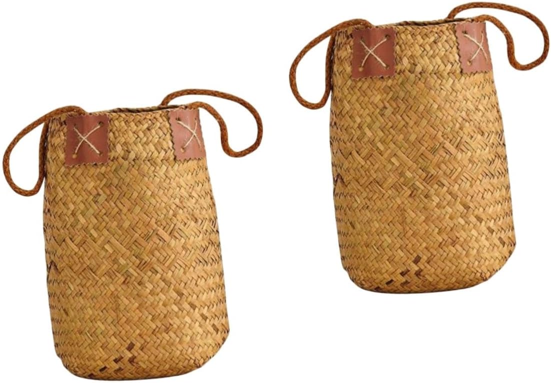 2pcs Rustic Hand Woven Flower Basket with Handle Versatile Storage for Home Decor Weddings and Floral Arrangements and Attractive Natural Design
