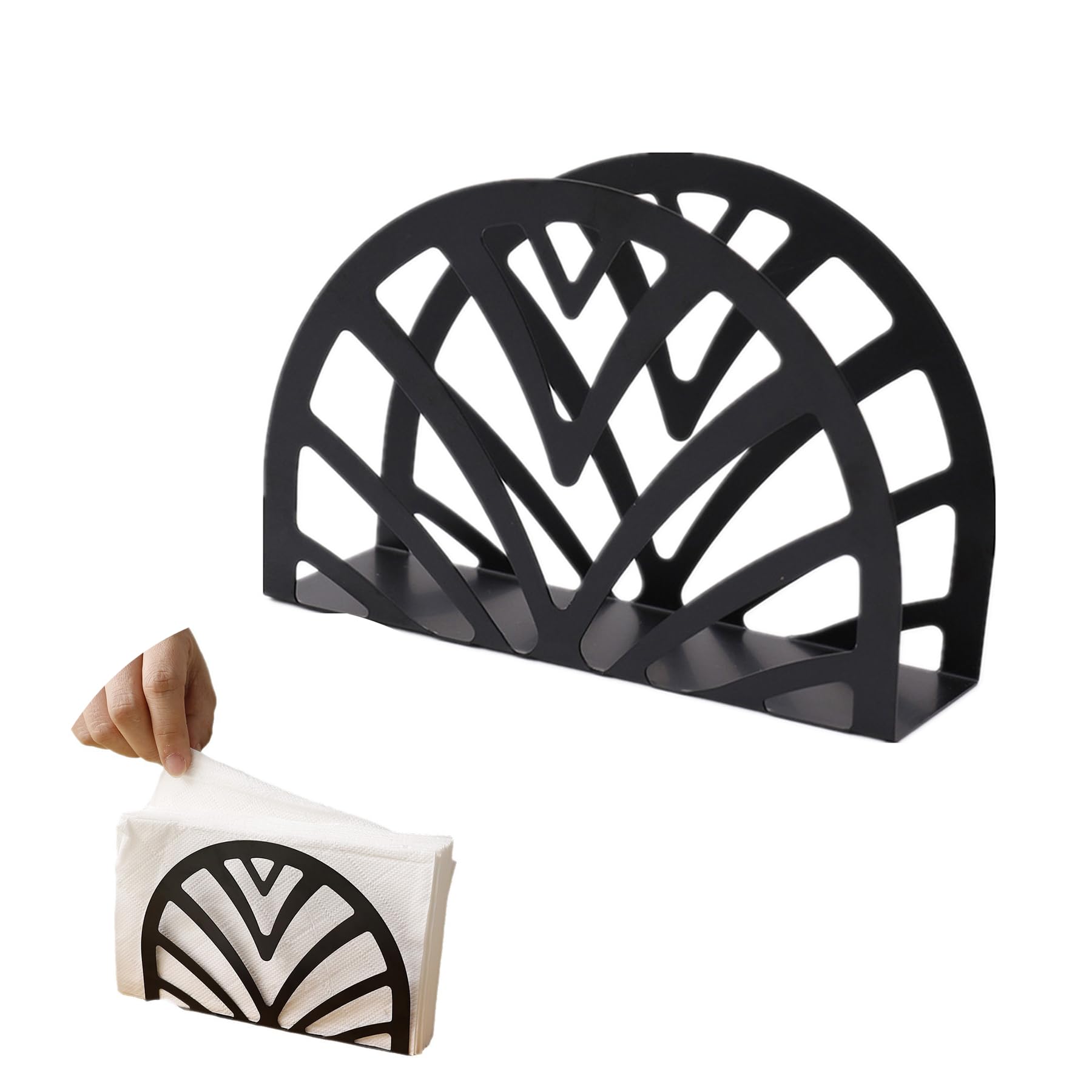 AXXIMENG Black Napkin Holder Stand Hollow Design Metal Freestanding Serviette Stand Round Metal Napkin Holder for Home and Kitchen Counter Tops Dinner Tables