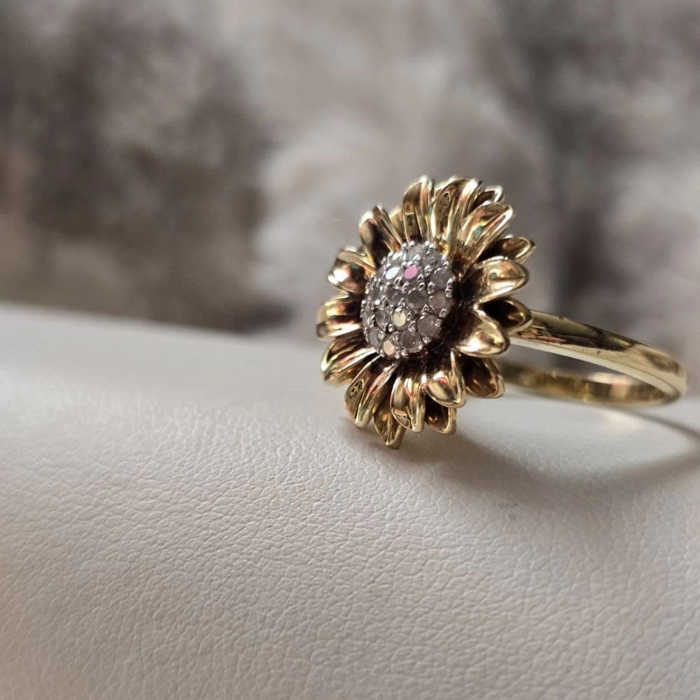 SILVERIST Vintage Inspired Sunflower Engagement Ring Pave Diamond Statement Flower Ring 14K Gold Plated Bloom Daisy Ring 925 Sterling Silver Sunflower Fashion Ring Anniversary Rings Jewelry For Women
