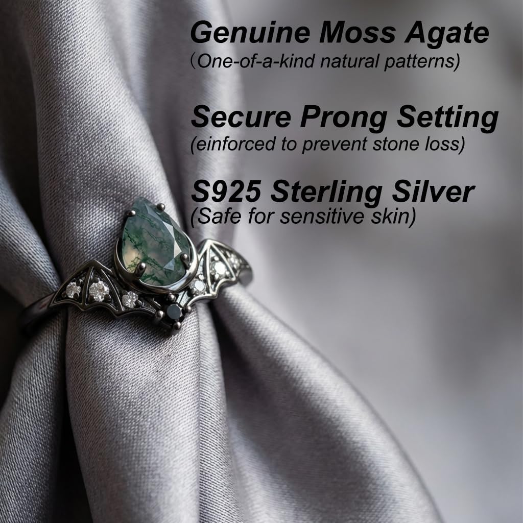 Natural Moss Agate Engagement Black Ring Set for Women Customizable 10K /14K /18K Solid Gold Gothic Promise Wedding Stacking Rings Free Engraving Size 4-15