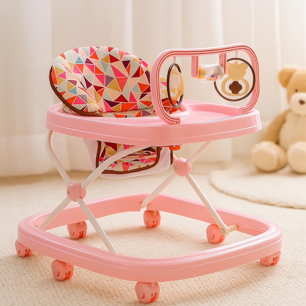 Blushbaby 360° Baby Walker for 6-18 Months | 5-Height Adjustable Activity Walker with Cushioned Seat, Meal Tray & Toy Bar | Foldable & Lightweight Walker for Boys & Girls (Pink)
