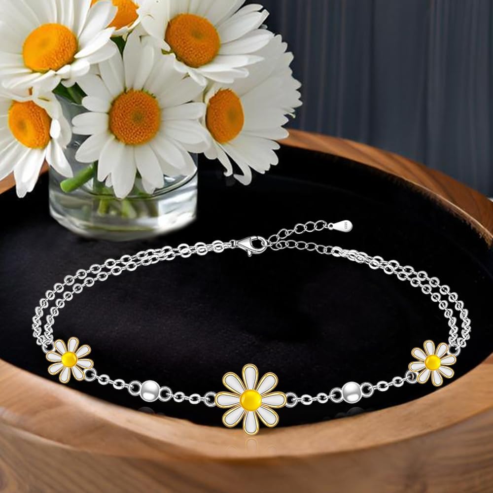 Daisy Bracelet for Women Daisy Gifts Jewelry Adjustable Flower Bangle Bracelets Sterling Silver Sunflower Bracelet Chain Bead Sun Wildflowers Floral - Image 7