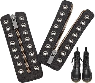 Leather Lace-in Boot Zipper Inserts, 8 Eyelet Zipper No Tie Zipper Boot Laces Tieless Shoe Laces for Boots Shoes Sneakers Sports shoes Adults Men Women, Black, 14.5x5cm/5.7"x2", 1 Pair, Black-textured, 5.7x2''