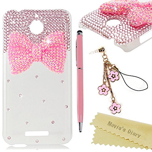 HTC Desire 510 Case - Mavis's Diary 3D Handmade Bling Crystal Lovely Pink Bow with Shiny Diamonds Clear Hard Case for HTC Desire 510 with Flower Dust Plug & Pink Stylus Pen
