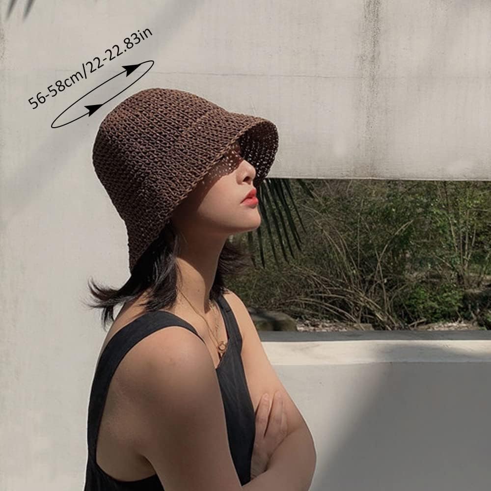Women Sun Hat Hand-Woven Packable Beach Bucket Hat Summer Floppy UV Protection Hats, Coffee - Image 3