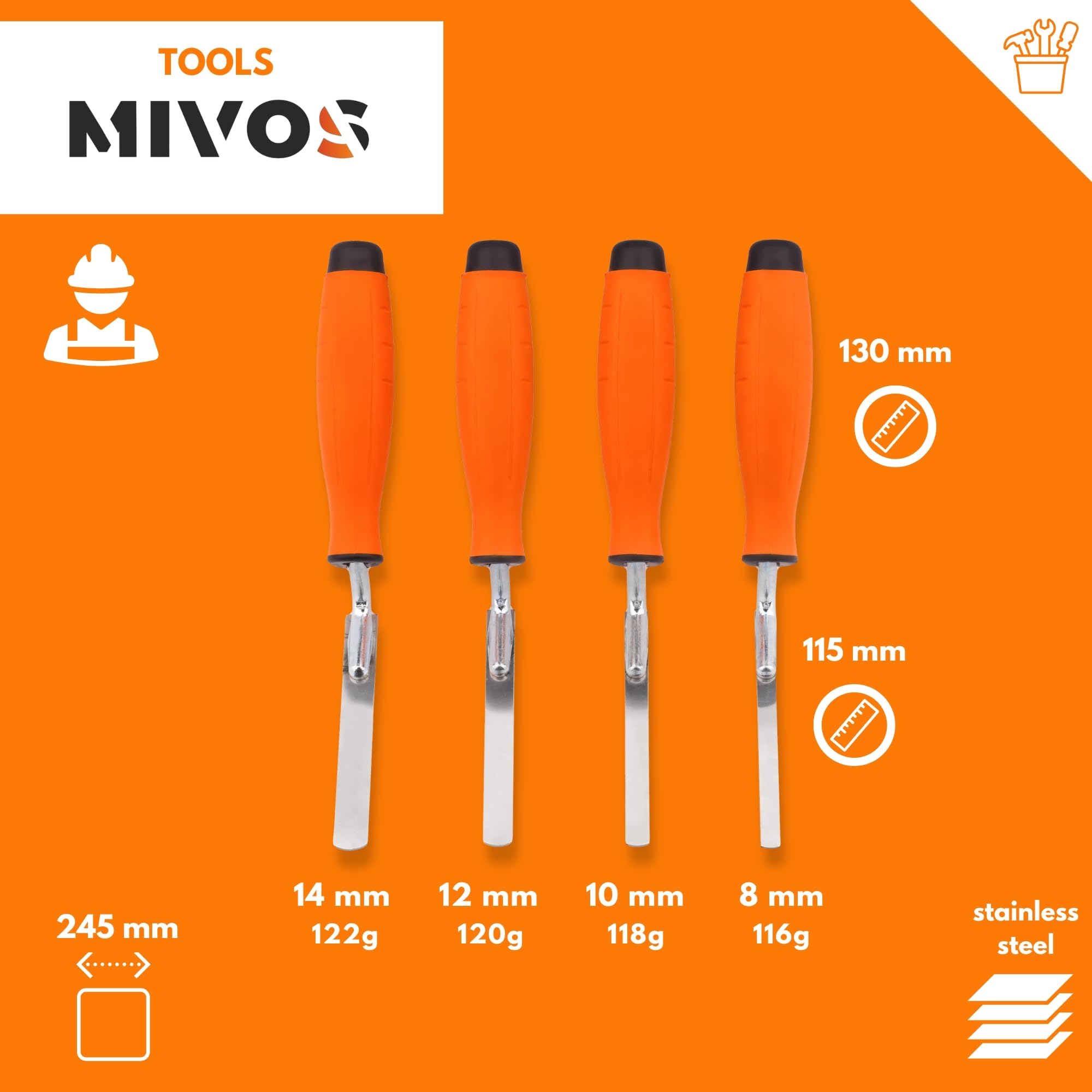 Mivos Lot de 4 truelles à Joints en Acier Inoxydable - Largeur 8 10 12 14 mm - avec poignée Souple et Lame Flexible en Acier Inoxydable - Truelle à Joints pour jointoiement Briques et Briques de