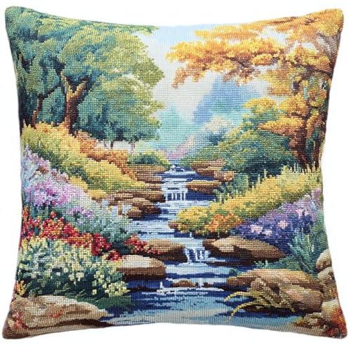 FanZheZhe DIY Embroidery Cushion Pillow Case Beautiful Scenery of the Stream Needlepoint Craft Set Cushion Kit Cross Stitch Cushion Cover Kit Stitched Cushion Kit,18x18in