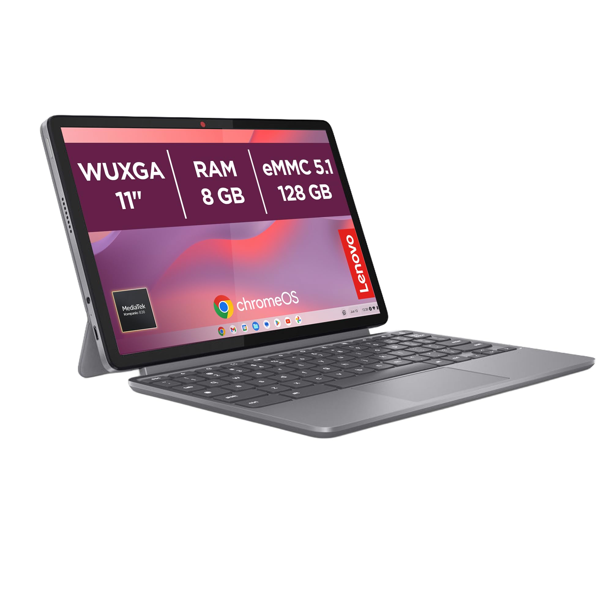 Lenovo Duet Chromebook 11” Touch IPS, Memoria 128GB, RAM 8GB, Chrome OS, Folio Stand e Tastiera inclusi, Notebook e Tablet Convertibile per Studio e Lavoro, MediaTek Kompanio 838