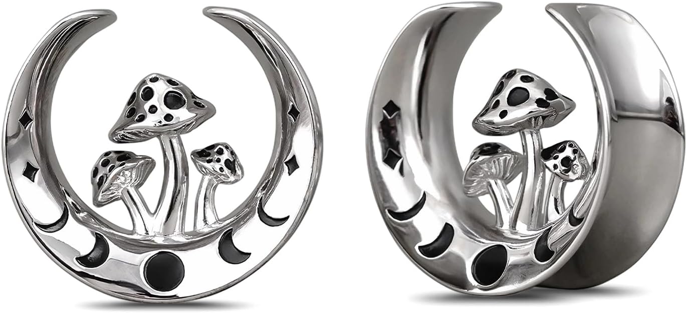 PUNKYOUTH Mystic Mushroom Ear Tunnels Plugs – Gothic Occult Moon Phase Gauges, Witchy Big Gauge Jewelry for Women Men, Stretched Ears Body Piercing 0g–30mm