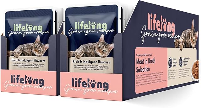 Amazon Brand - Lifelong Grainfree Complete Adult Cat Wet Food - Chicken, Duck, Turkey and Liver In Broth Selection, 4.76 kg (56 pouches x 85g)