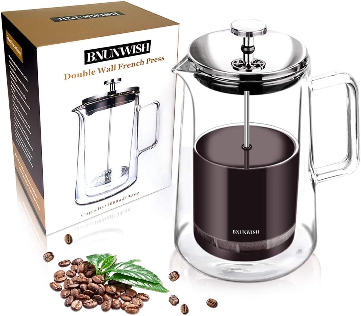 French Press Coffee Maker, Double Wall Vacuum Insulated Thermal Borosilicate Glass, 4 Level Filtration System with No Grounds, 34 Oz, 1000ML