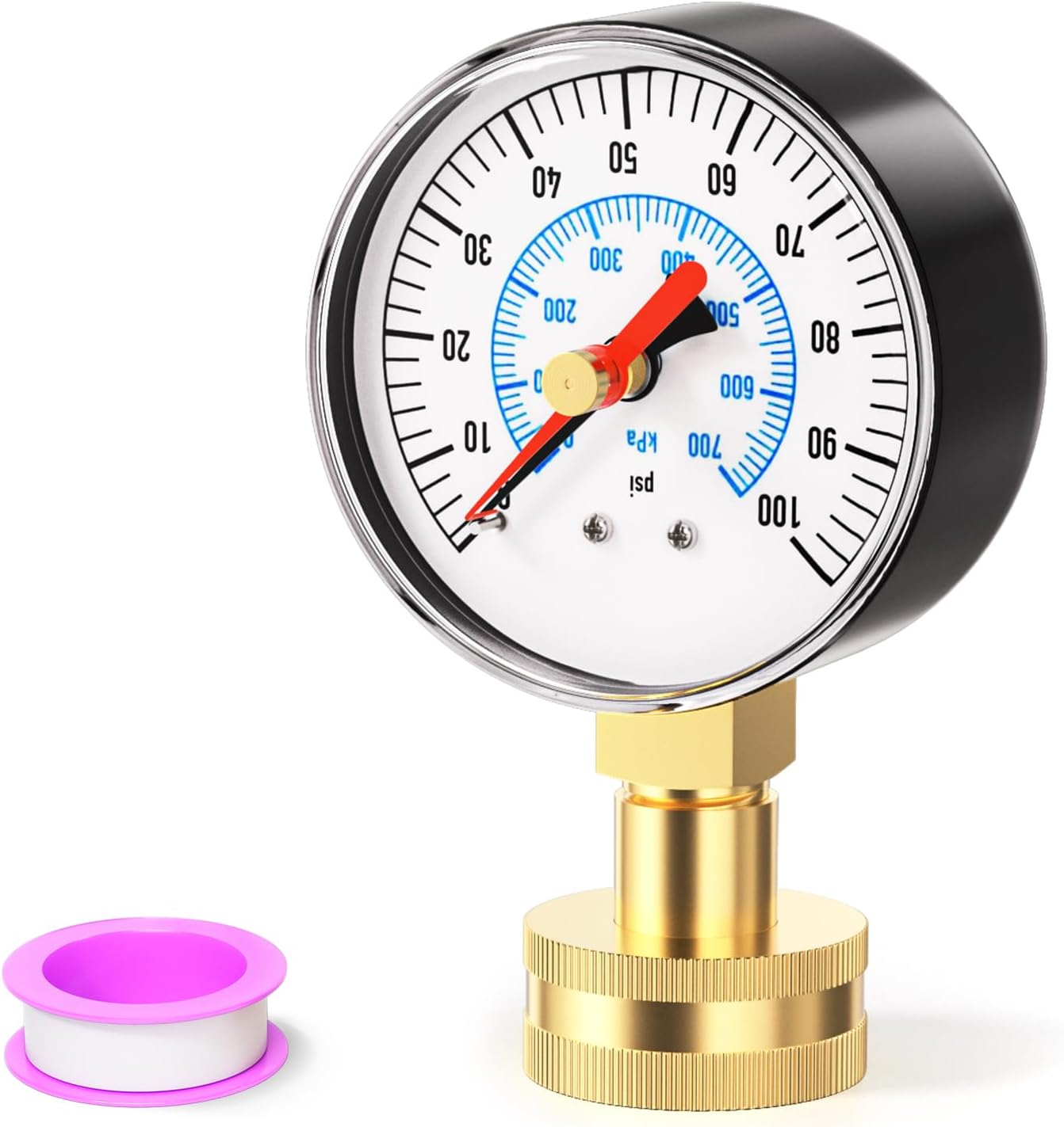 0-100PSI Water Pressure Gauge, 2.5" Dial Size with Red Indicator Hands, 3/4" Brass Female Lower Mount, with Sealing Ring, for Checking Gardens, Water Pipes, Multiple Systems