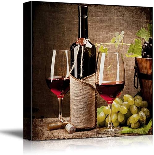 wall26 - Lienzo decorativo cuadrado para pared, copas de vino con botella de vino y uvas, impresión giclée, arte moderno para el hogar, listo para