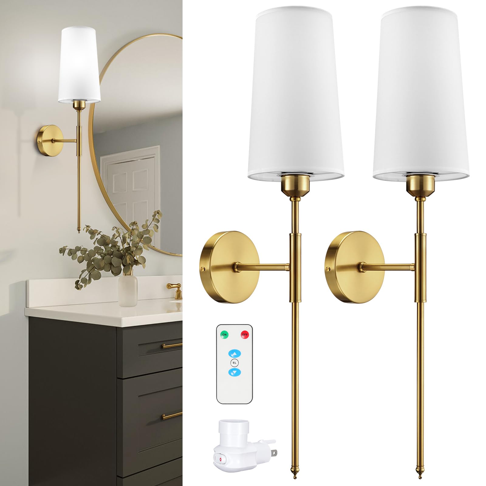 NookNova Gold Wireless Rechargeable Batttery Operated Wall Sconces Set of Two, Battery Powered Wall Sconce with Remote, Dimmable Cordless Wall Lamp Decor Fixture For Bedroom Living Room, Bulb Included