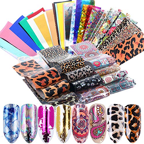 50 Sheets Nail Art Foil Transfer Stickers Laser Flower Leopard Print Nail Foil Adhesive Decals Starry Sky Manicure Transfer Tips Nail Art DIY Decoration Kit