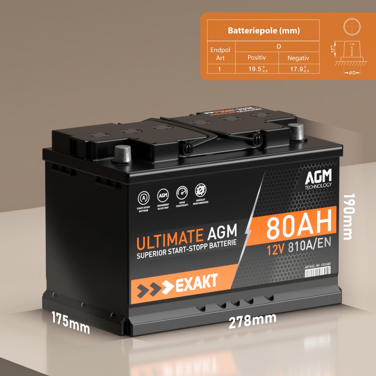 Exakt AGM Batterie 70Ah 12V Start-Stop Autobatterie VRLA ersetzt 70Ah 75Ah