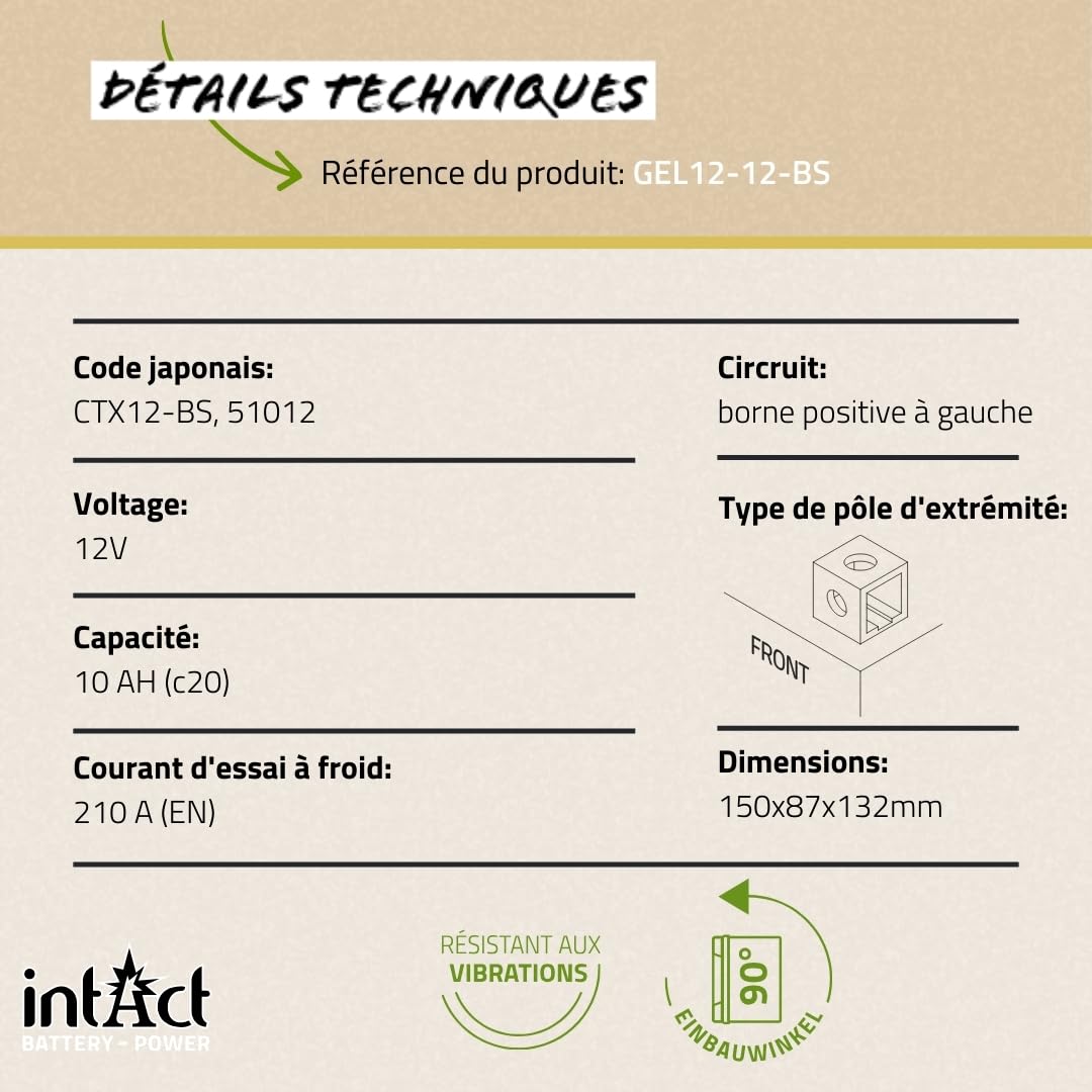 intAct - BATTERIE DE MOTO GEL Bike-Power GEL12-12-BS. Remplace YTX12, YTX12-BS. Batterie moto 12V 10Ah 210A. Dimensions : 150x87x132mm. Avec jusqu’à 30% de puissance de démarrage en plus.