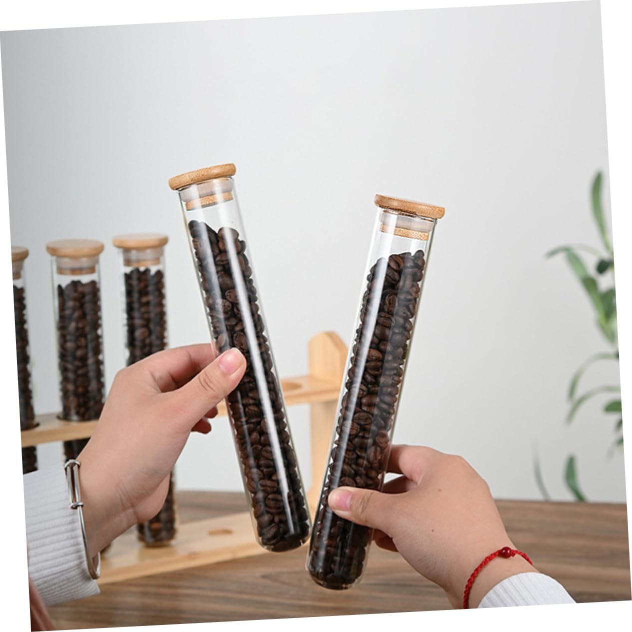 Coffee Bean Storage Tubes Set with Lids Glass Coffee Bean Containers Airtight Vials with Wooden Display Stand for Organization and Preservation