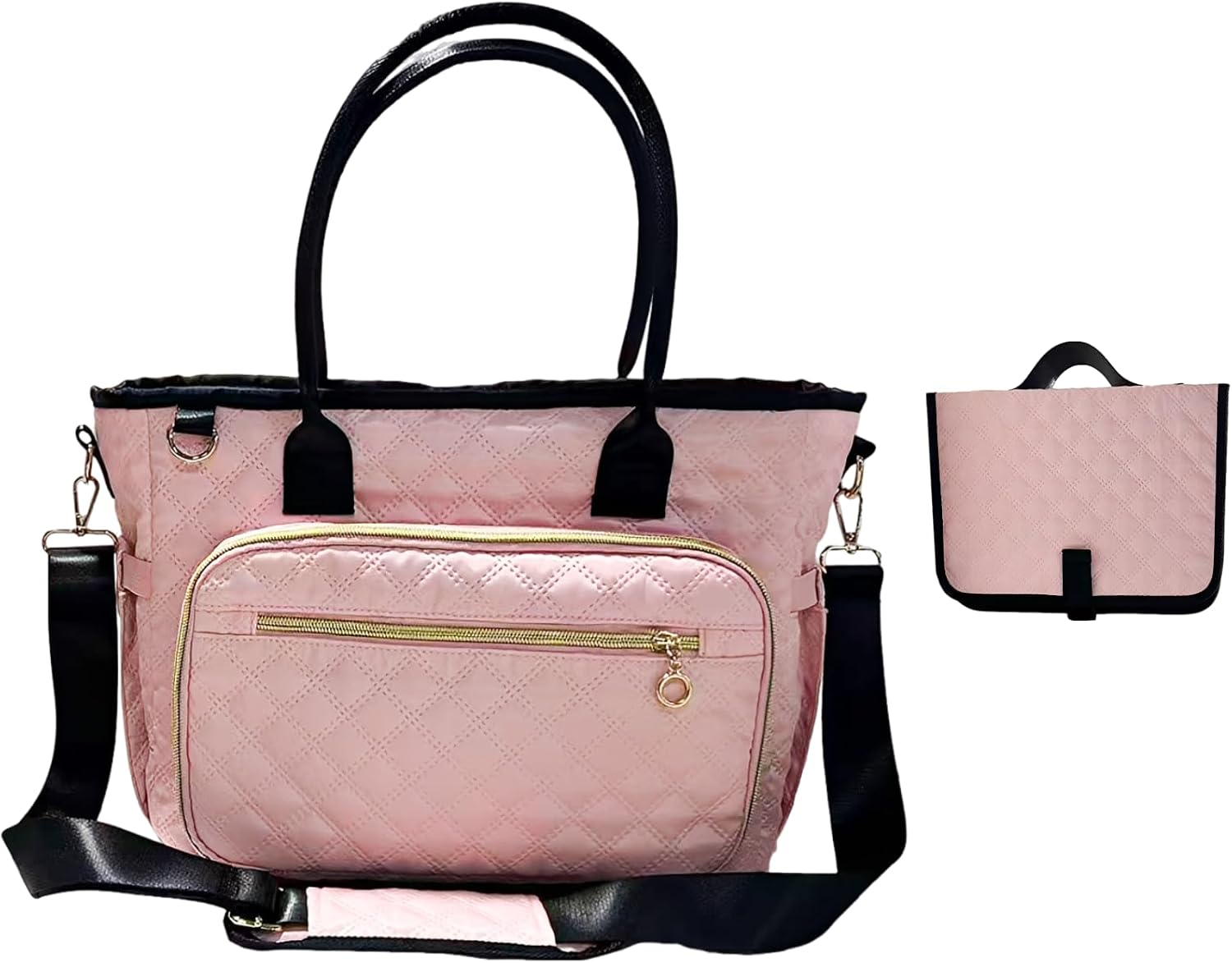 Large Storage Bag with Foldable Changing Pad, Waterproof Oxford Tote for Travel, Quilted Handbag with Adjustable Shoulder Strap, Pink Parenting Bag for Nursery Items, Wipes, Clothing and Care