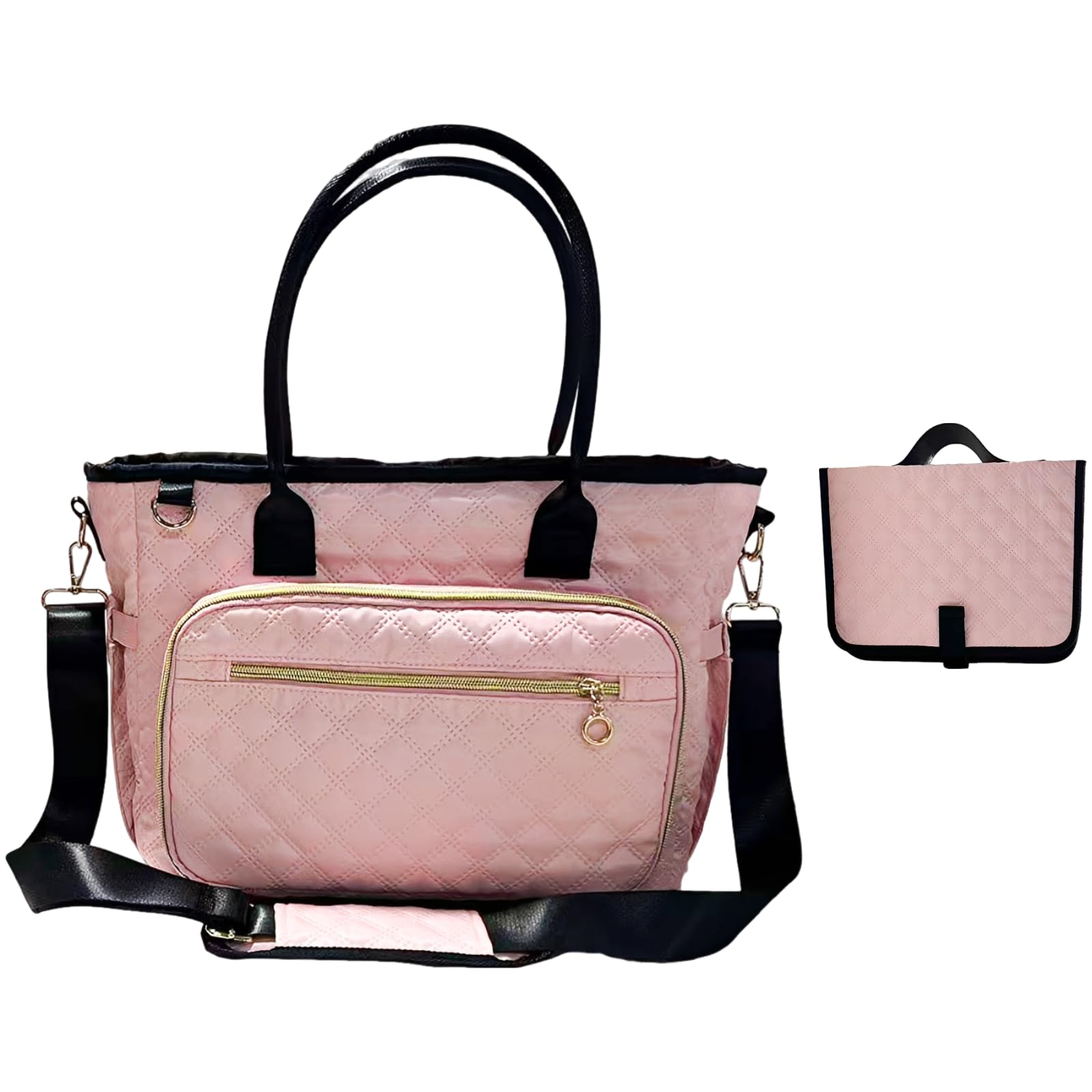 Große Aufbewahrungstasche mit Faltbarer Wickelunterlage, Wasserabweisende Oxford Tragetasche für Reisen, Gesteppte Handtasche mit verstellbarem Schultergurt für die Pflege, Pink