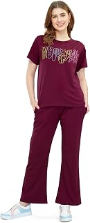 ZEYO Women's Cotton Typography Wide Bottom Night Suit Set of Top & Pajama Set Price In India