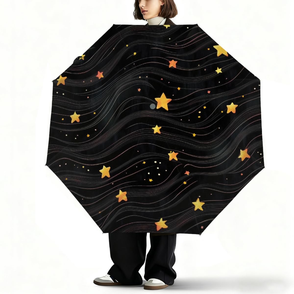 Paraguas plegable con cierre automático, estampado de líneas de estrellas, resistente a los rayos UV, automático, portátil, ligero, paraguas de lluvia para adultos y niños
