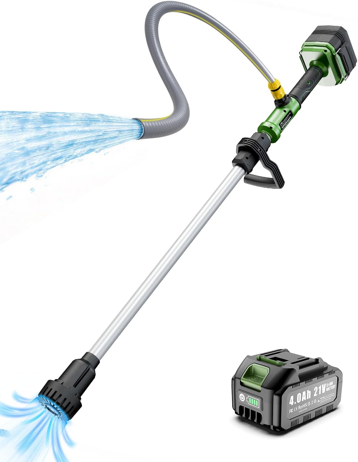 J-KU 21V Cordless Stick Water Transfer Pump - 720 GPH Portable Submersible Electric Sump Pumps with 4.0Ah Rechargeable Battery, 5-Ft Quick-Connect Hose for Pool Draining, Rain Barrel, Garden, Pond, RV