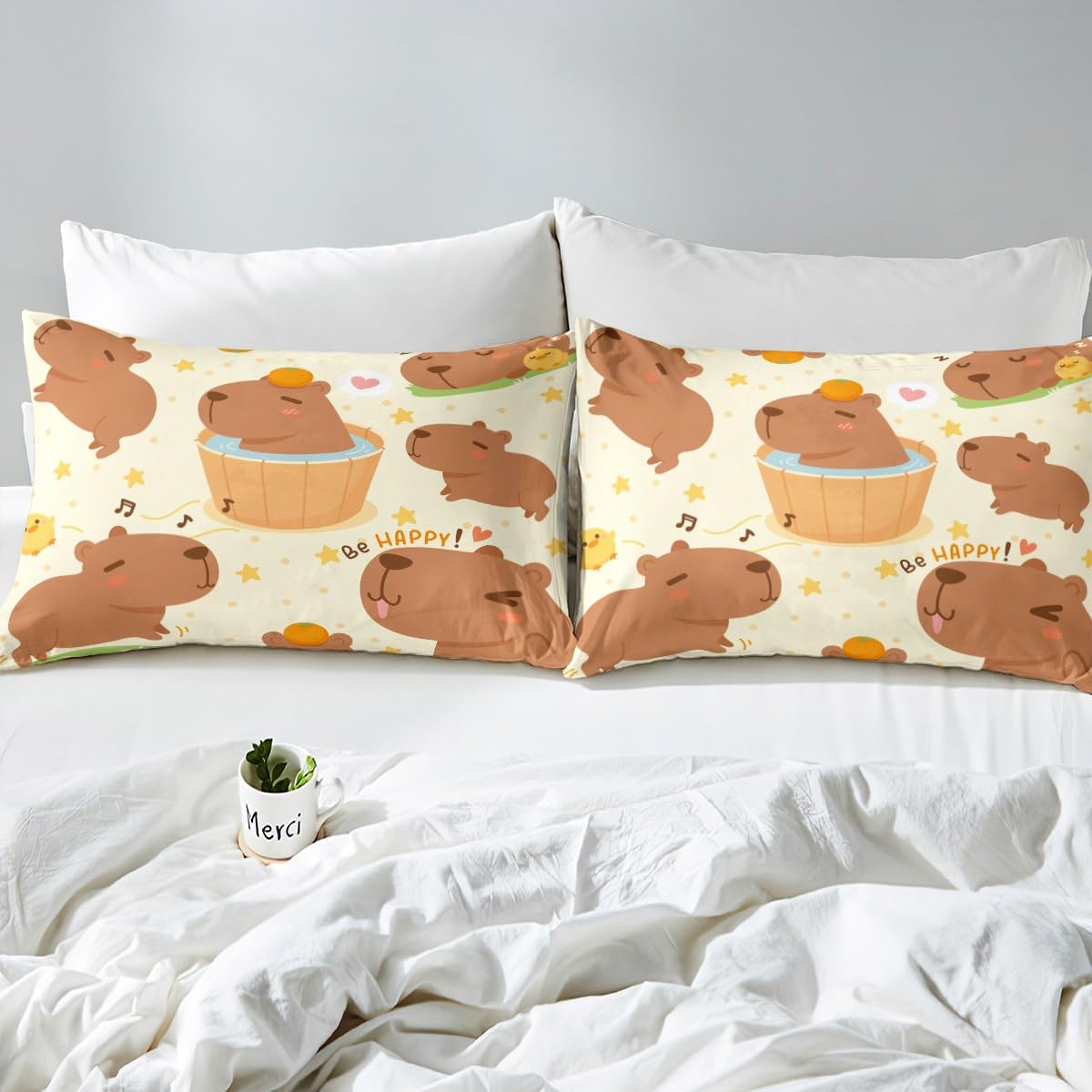 Set di biancheria da letto con angoli Capybara marrone con motivo a fumetti Capybara Set di lenzuola per bambini ragazzi ragazze floreale Capybaras copriletto Decor camera in microfibra set letto sin