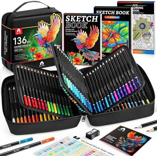 136 PCS Colored Pencils Set for Adult Coloring Books, 120 Colored Pencils with Sketchbook, Coloring Book, Sharpener, Soft Core Sketching Drawing Pencils, Art Supplies for Adults Artists (Black)
