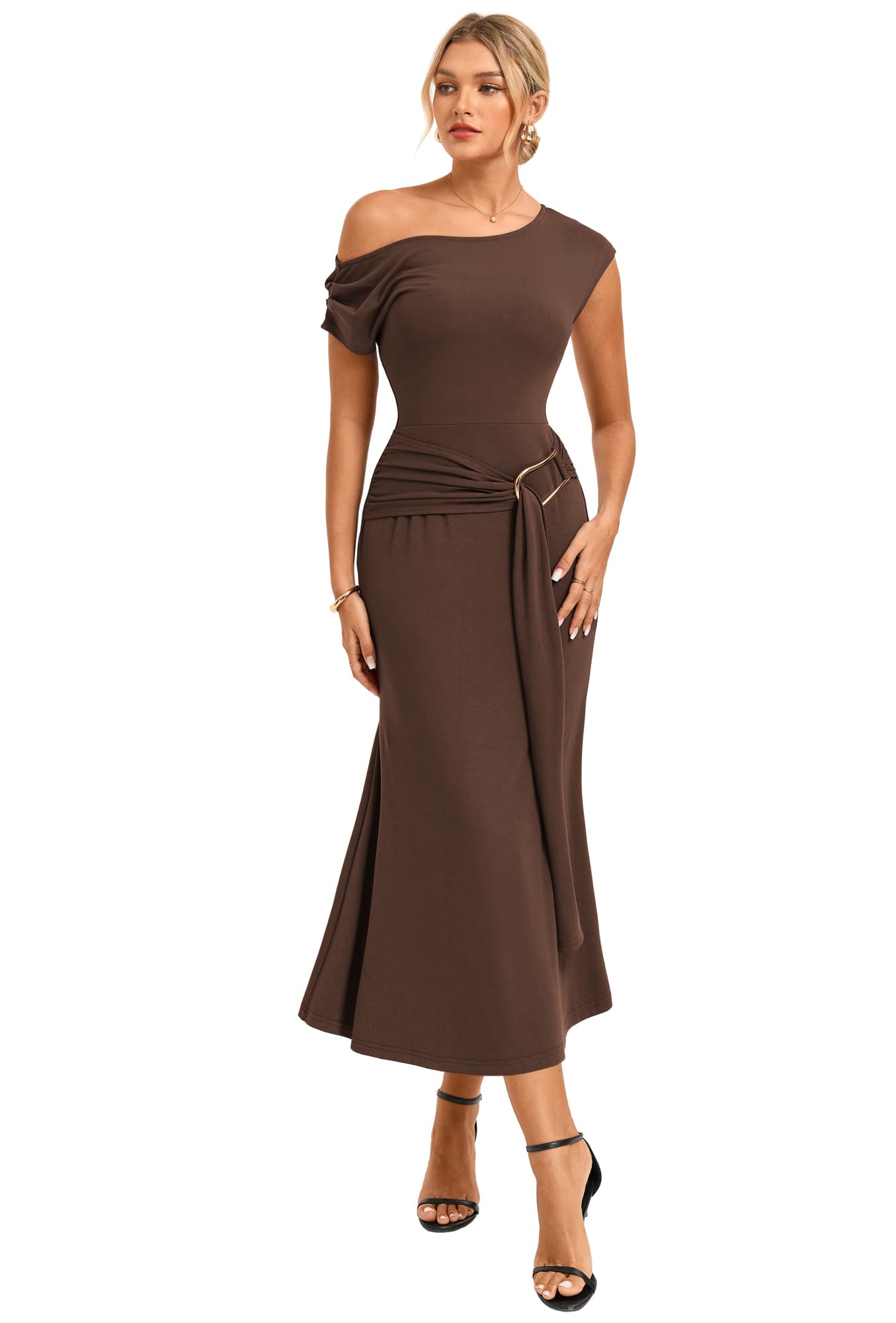 GRACE KARIN Maxi abito da donna aderente con maniche ad aletta asimmetriche e collo obliquo, fascia e decorazione in metallo