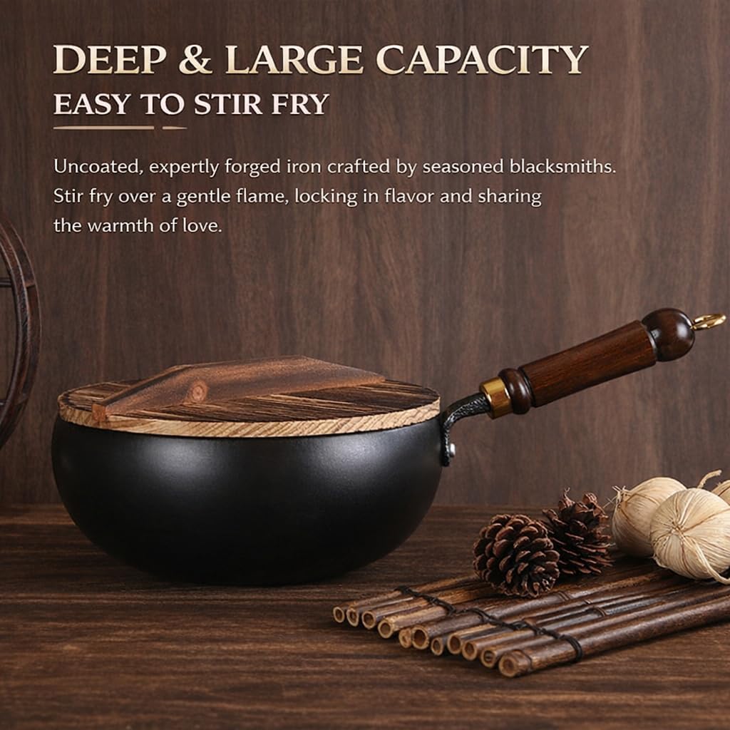 2026 New Japanese Cast Iron Pan Cookware,Uncoated Iron Pan,Hand-Forged Non-Stick Iron Pan Without Coating Durable For Cooking,Round Bottom Wok With Lid (Hammer-Glass Cover,9.5in)