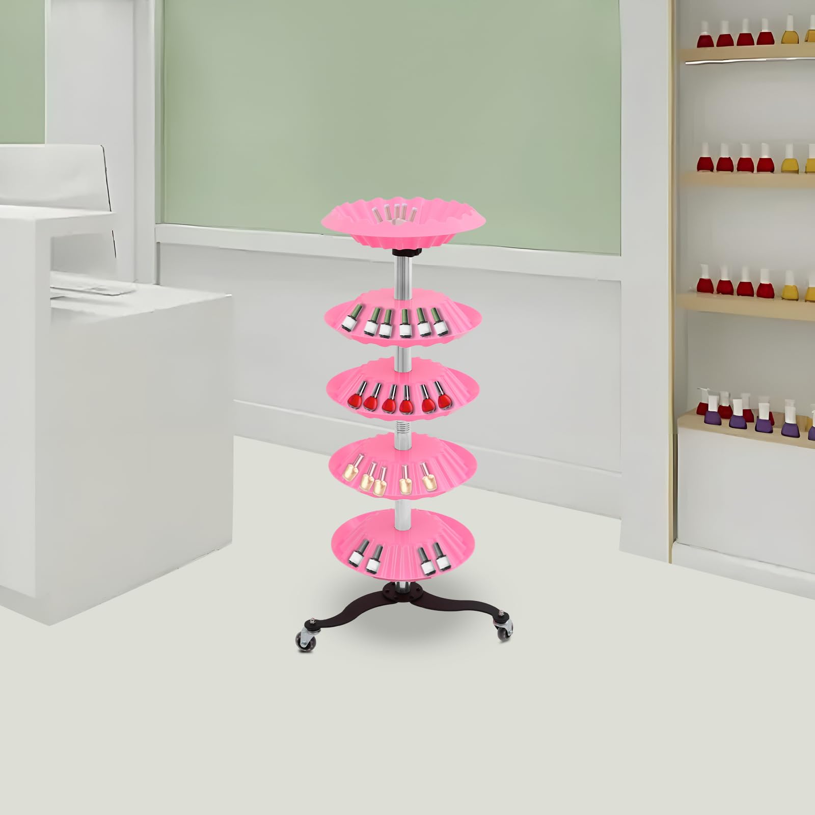 Supporto girevole per smalti a 5 livelli, con ruote e funzione di rotazione a 360° | Organizer girevole a 5 ripiani con ruote: robusta struttura in acciaio inox e fissaggio sicuro grazie alle scanalature