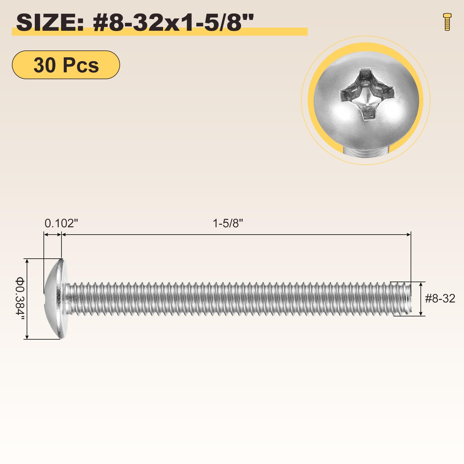 METALLIXITY Machine Screws Phillips Head(#8-32x1-5/8") 30Pcs, 304 Stainless Steel Round Head Phillips Drive Furniture Bolts - Image 2
