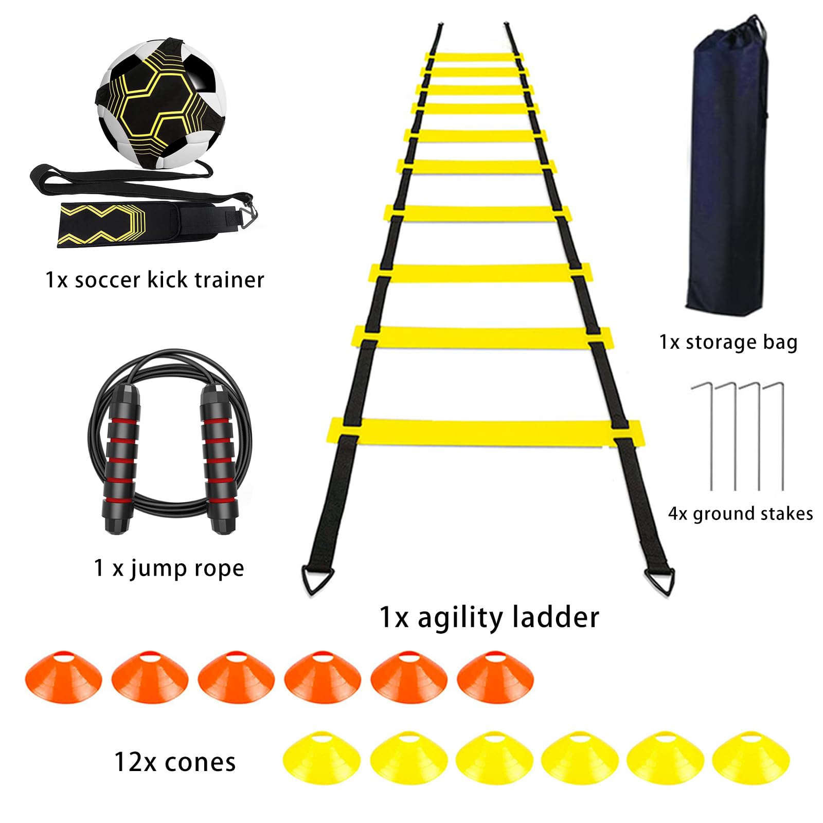 Set de entrenamiento de fútbol como regalo para niños con escalera de coordinación de 6 m, 12 conos y entrenador de fútbol con cinturón de cadera ajustable, cuerda de saltar