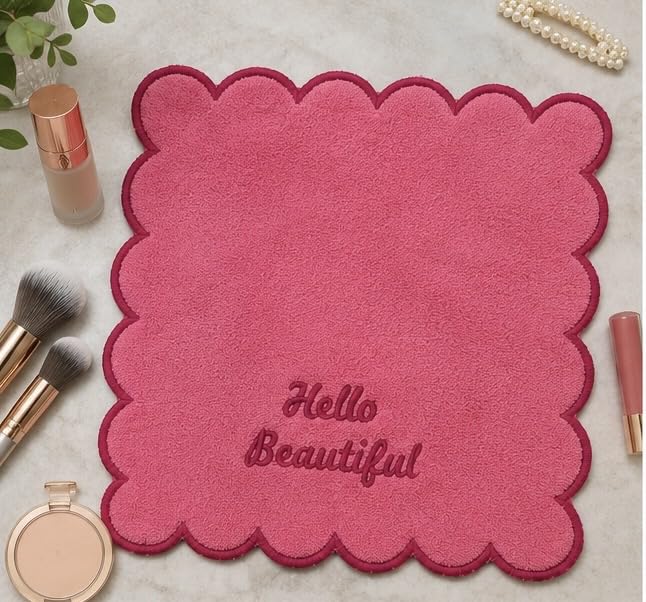 Makeup Removal Towel for Face | 10 x 10 Inch Cotton Terry Soft 370 GSM with All Sides Embroidery | Hello Beautiful Embroidered Face Towel | Reusable Beauty Towel for Women| Pink(Pack of 4)-image-15