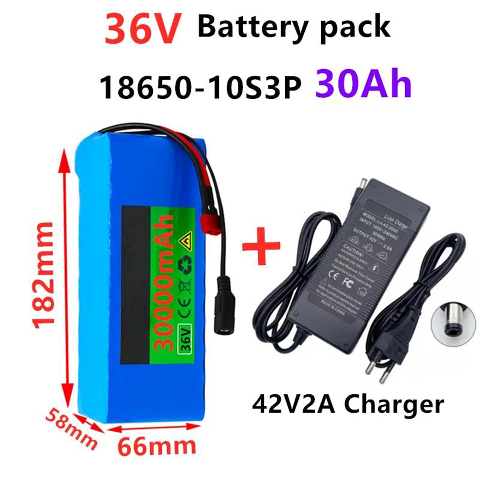 Batería de Litio para Bicicleta eléctrica Plegable de 36 V y 30 Ah, Resistente al Agua, batería extraíble con Cargador para Motor de Bicicleta de 500 W T+DC